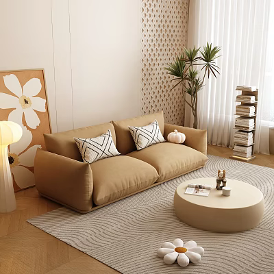 Modern Beige Double Sofa With Geometric Cushions Round Coffee Table Flower Artwork And Floor Lamp 3d model