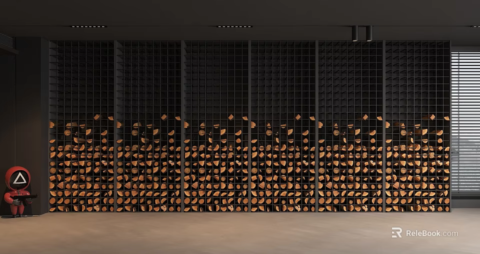 Modern Industrial Wall Design With Black Grid Structure And Brown Wooden Blocks Arrangement 3d model 