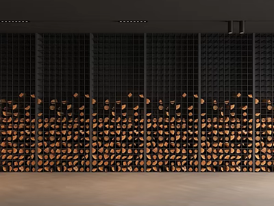 Modern Industrial Wall Design With Black Grid Structure And Brown Wooden Blocks Arrangement 3d model