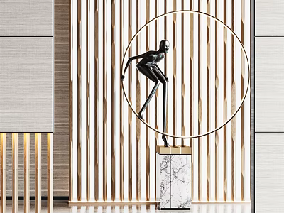 Elegant Black Human Figure Sculpture With Circular Frame Marble Base And Vertical Striped Background 3d model
