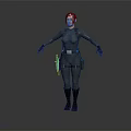 Female Character In Black Tight Combat Suit Standing With Arms Outstretched And Waist Weapon Gear