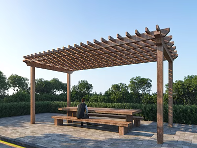 Wooden Outdoor Pergola with Lattice Roof Bench and Person Sitting in Greenery 3d model