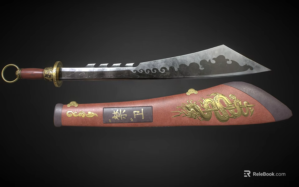 Traditional Weapon with Patterned Blade Red Handle Brown Scabbard Featuring Golden Dragon Patterns Inscriptions 3d model 