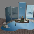 Traditional Chinese Tea Table Setup With Blue Screens Calligraphy And Mountain Patterns 3d model