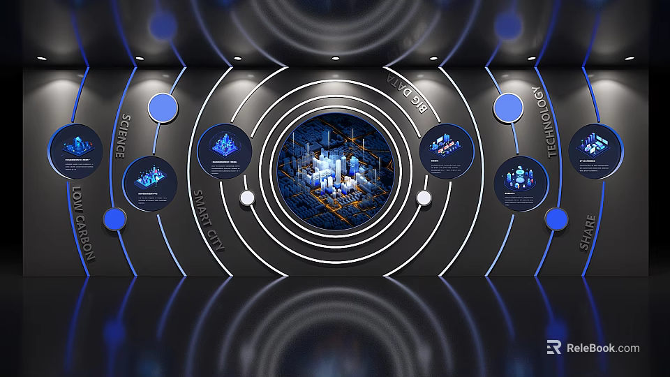 Futuristic Tech Display Interface Featuring Blue Circular Icons And Data Elements 3d model 