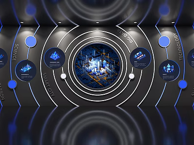 Futuristic Tech Display Interface Featuring Blue Circular Icons And Data Elements 3d model