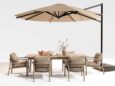 Outdoor Table With Matching Chairs And Large Sunshade Umbrella With Vase And Fruits On Top 3d model