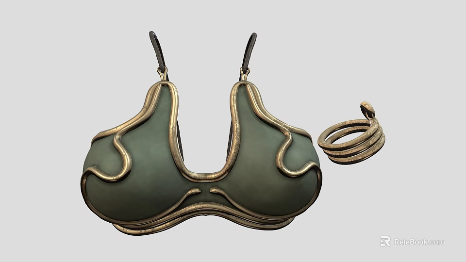 Green Bra Style Top With Gold Curved Decor And Ring Accessory 3d model 