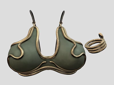 Green Bra Style Top With Gold Curved Decor And Ring Accessory 3d model