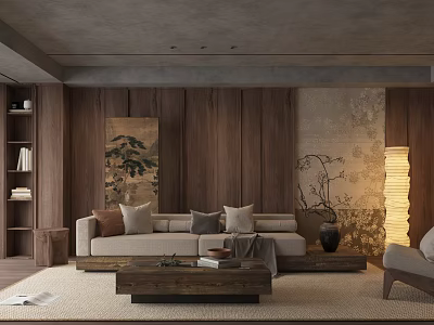 Natural Minimalist Living Room With Wooden Walls Sofa Coffee Table And Floor Lamp 3d model