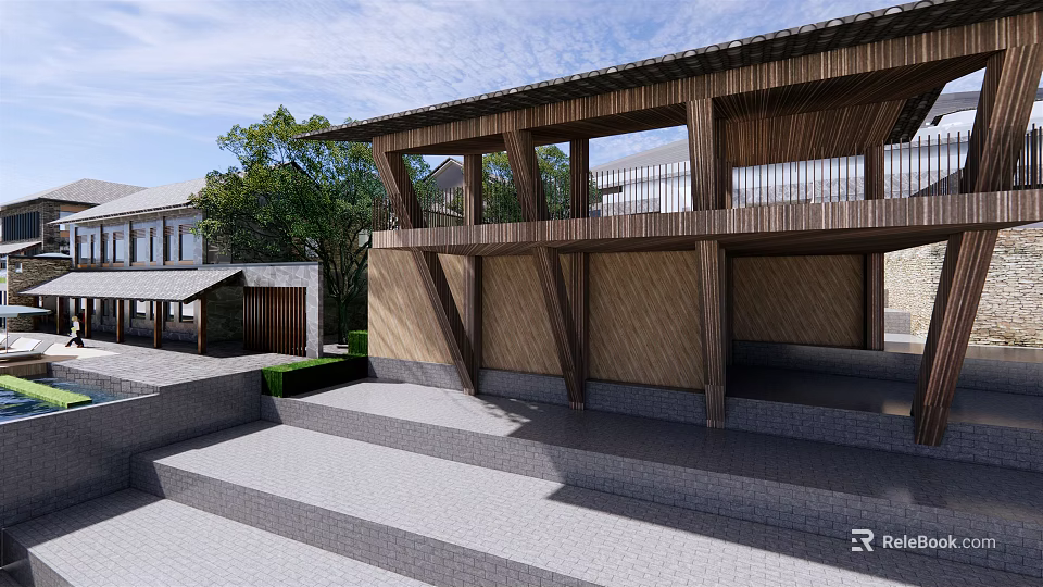Modern Detached Villa With Wooden Structure Open Balcony Stone Steps And Greenery 3d model 