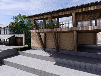 Modern Detached Villa With Wooden Structure Open Balcony Stone Steps And Greenery 3d model