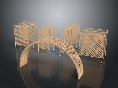 Golden Interior Decorative Screens And Arches With Intricate Laser Cut Patterns 3d model