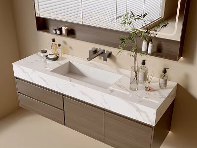 Bathroom Vanity With White Marble Countertop Wooden Cabinets Mirror Plant And Toiletries 3d model