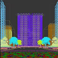 Modern High Rise Residential Building With Surrounding Trees And Reflecting Pool