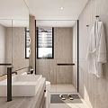 Modern Hotel Bathroom Interior Design With Glass Shower And Large Mirror