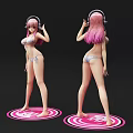 Pink Haired Girl Wearing Headphones In Bikini Standing Front And Back Views On Circular Base