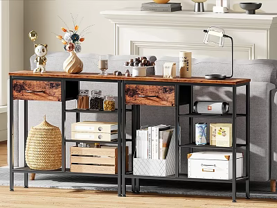 Rustic Wooden Top Metal Frame Shelf with Drawers Books and Decorative Items in Living Room 3d model