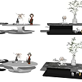Modern Curved And Rectangular Coffee Table Designs With Marble Top Vase Statue And Plant Decor 3d model