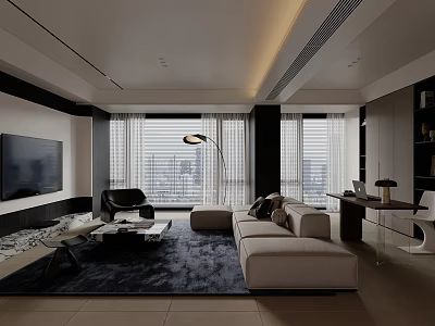 Sleek Modern Minimalist Living Room With Spacious Sectional Sofa And Full Window Panoramic City View 3d model