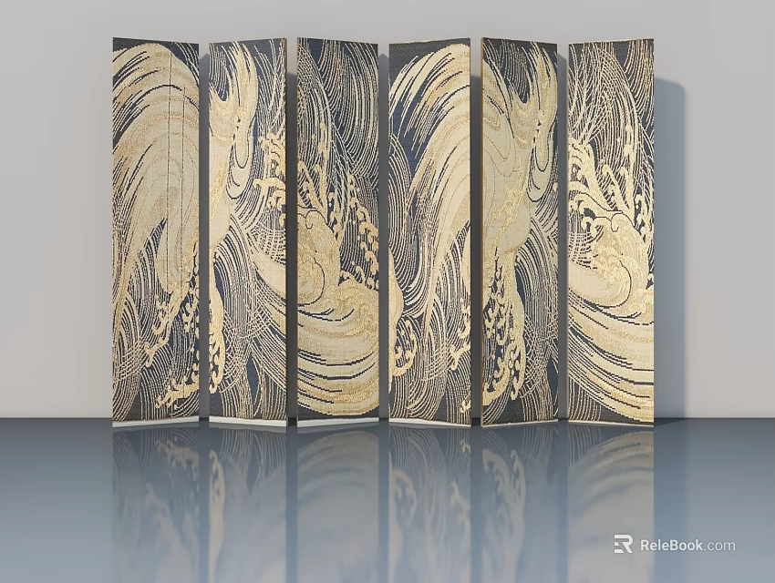 Artistic Hinged Doors With Golden Wave Patterns On Modern Reflective Surface 3d model 