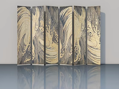 Artistic Hinged Doors With Golden Wave Patterns On Modern Reflective Surface 3d model