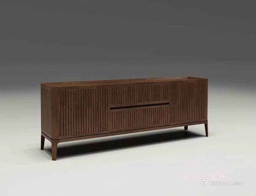 Modern Wooden TV Stand With Vertical Stripes And Slim Legs Design 3d model 