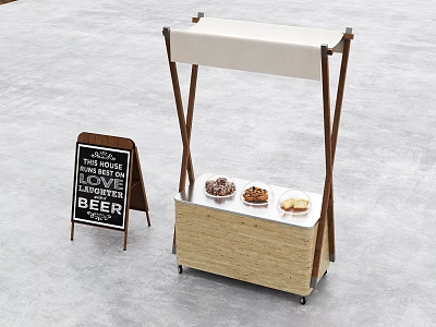 Beer Advertising Sign With Cold Beer On Tap Wooden Stand White Canopy Donuts And Cookies 3d model