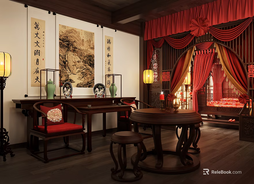 Traditional Chinese Room Interior With Red Curtains Calligraphy Paintings And Wooden Furniture 3d model 