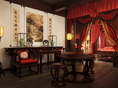 Traditional Chinese Room Interior With Red Curtains Calligraphy Paintings And Wooden Furniture 3d model