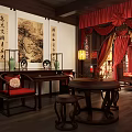 Traditional Chinese Room Interior With Red Curtains Calligraphy Paintings And Wooden Furniture