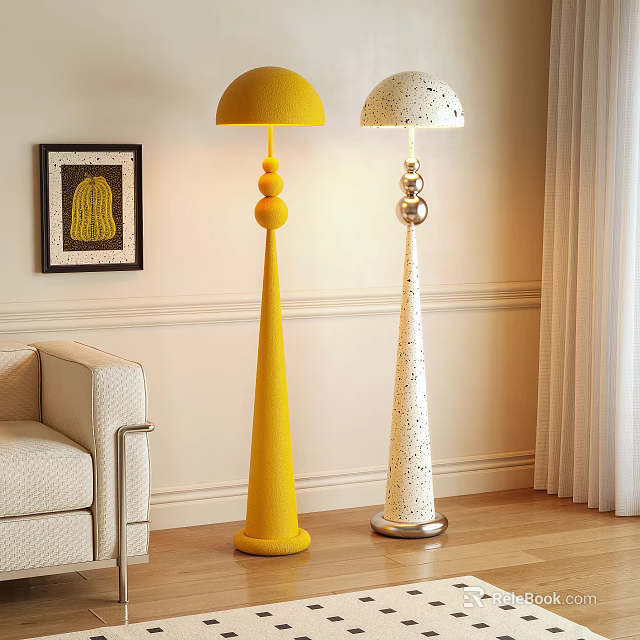 Stylish Floor Lamps With Yellow And White Design Spherical Decorations Near Sofa Framed Artwork Curtains 3d model 