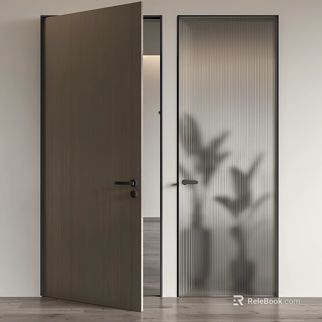 Modern Wooden Swing Door With Frosted Glass Vertical Stripes And Plant Shadows 3d model 