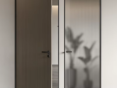 Modern Wooden Swing Door With Frosted Glass Vertical Stripes And Plant Shadows 3d model