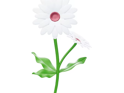 White Flower Plant With Red Centers Green Stems Leaves And Two Blooms 3d model
