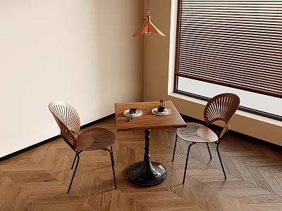 Small Dining Nook With Wooden Table Chairs Pendant Light Window And Herringbone Floor 3d model
