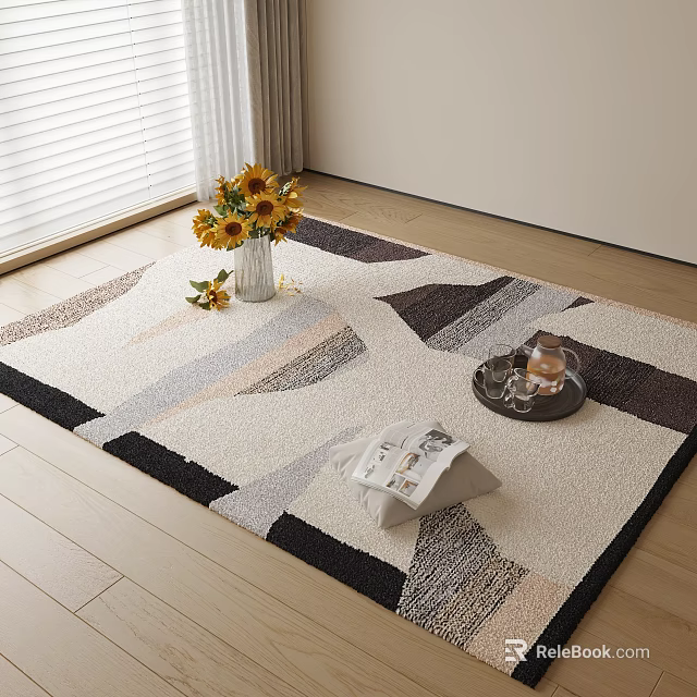 Square Area Rug With Geometric Pattern In Neutral Tones And Sunflower Vase On Wooden Floor 3d model 