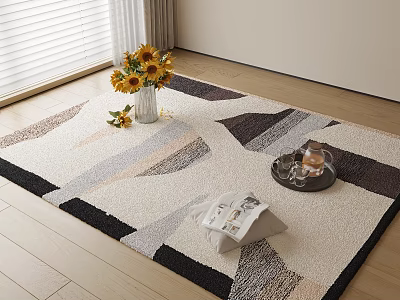 Square Area Rug With Geometric Pattern In Neutral Tones And Sunflower Vase On Wooden Floor 3d model
