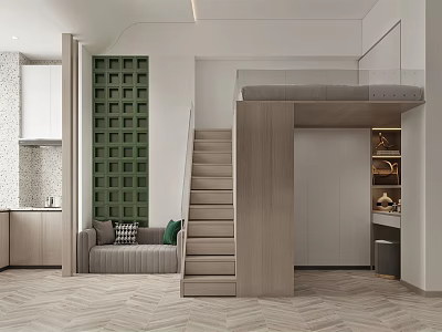 Modern Apartment Interior Design With Staircase Green Wall Sofa And Wooden Elements 3d model