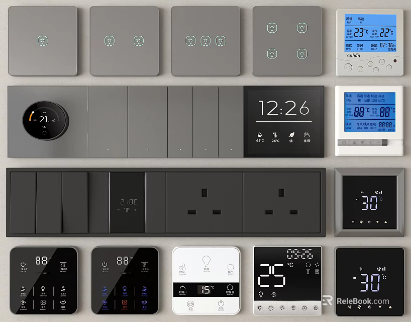 Modern Switch Panels With Various Designs And Digital Displays Showing Temperature And Time 3d model
