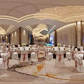 Elegant Wedding Banquet Hall With Large Screen Newlyweds Decorative Lighting And Wave Shaped Chandeliers