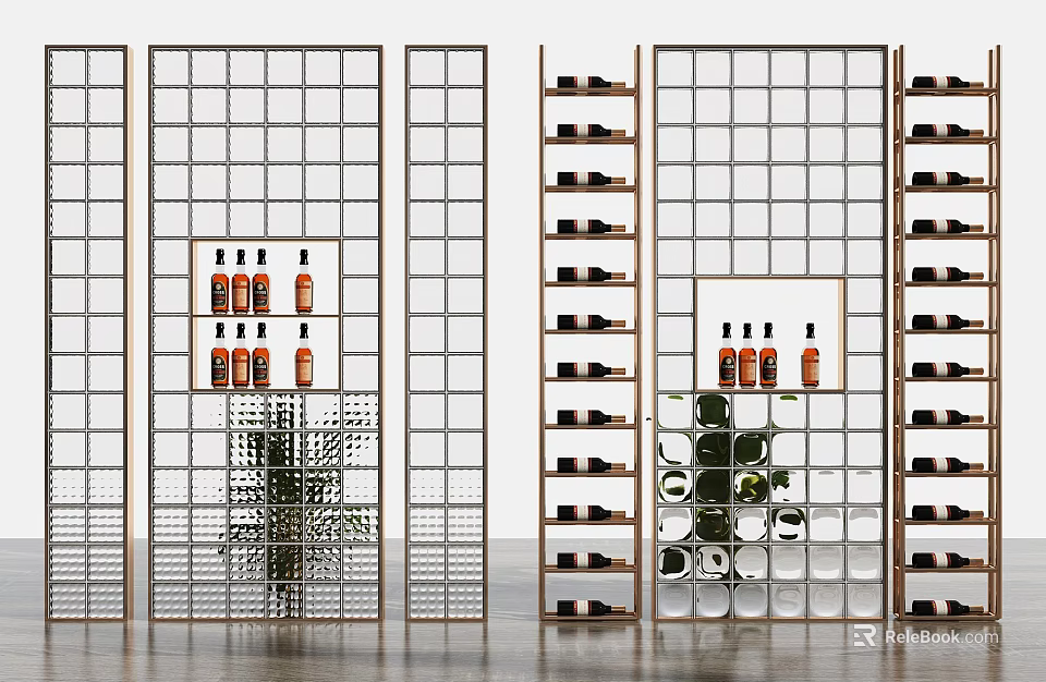 Modern Wine Cabinet With Grid Design And Bottles On 3d model