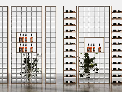 Modern Wine Cabinet With Grid Design And Bottles On 3d model