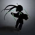 Game Movie Character Black Silhouette with Long Twin Ponytails Green Glowing Lines Bow Tie Running
