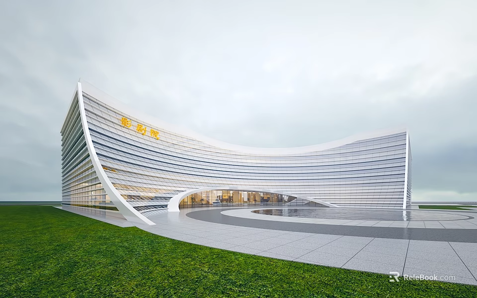 Modern Curved Facade Sales Office Building With Lawn Area And Plaza Space 3d model 