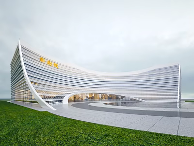 Modern Curved Facade Sales Office Building With Lawn Area And Plaza Space 3d model