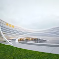 Modern Curved Facade Sales Office Building With Lawn Area And Plaza Space