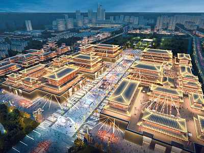 Ancient Architecture Complex With Traditional Roofs And Night Illumination In Urban Landscape 3d model