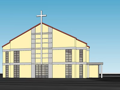 Yellow Beige Church Building With Red Roof Cross Windows And Blue Sky Background 3d model
