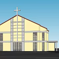 Yellow Beige Church Building With Red Roof Cross Windows And Blue Sky Background